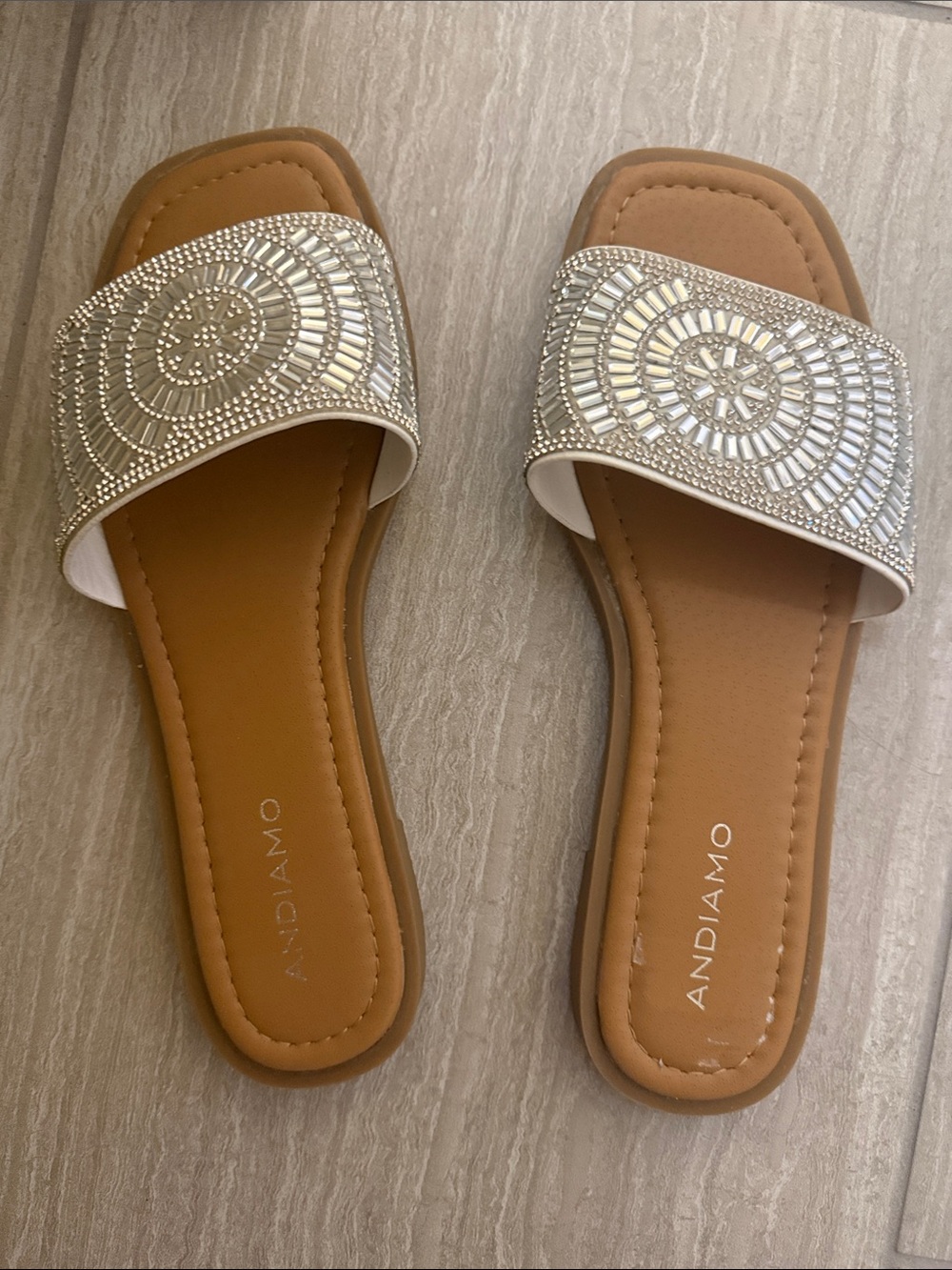 AMO White Beaded Slide Sandals with Tan Footbed